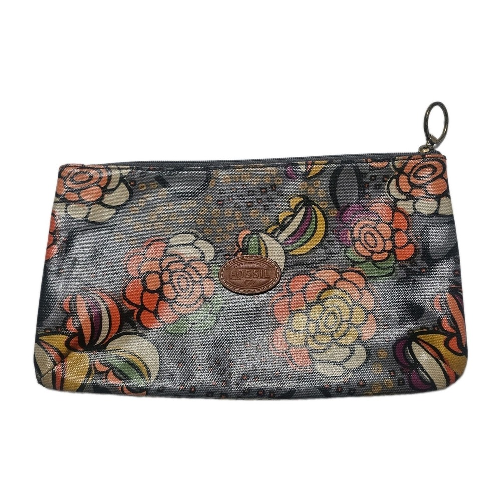 Fossil Gray Floral PVC Coated Canvas Cosmetic Jewelry Zippered Bag 12x6 Pouch